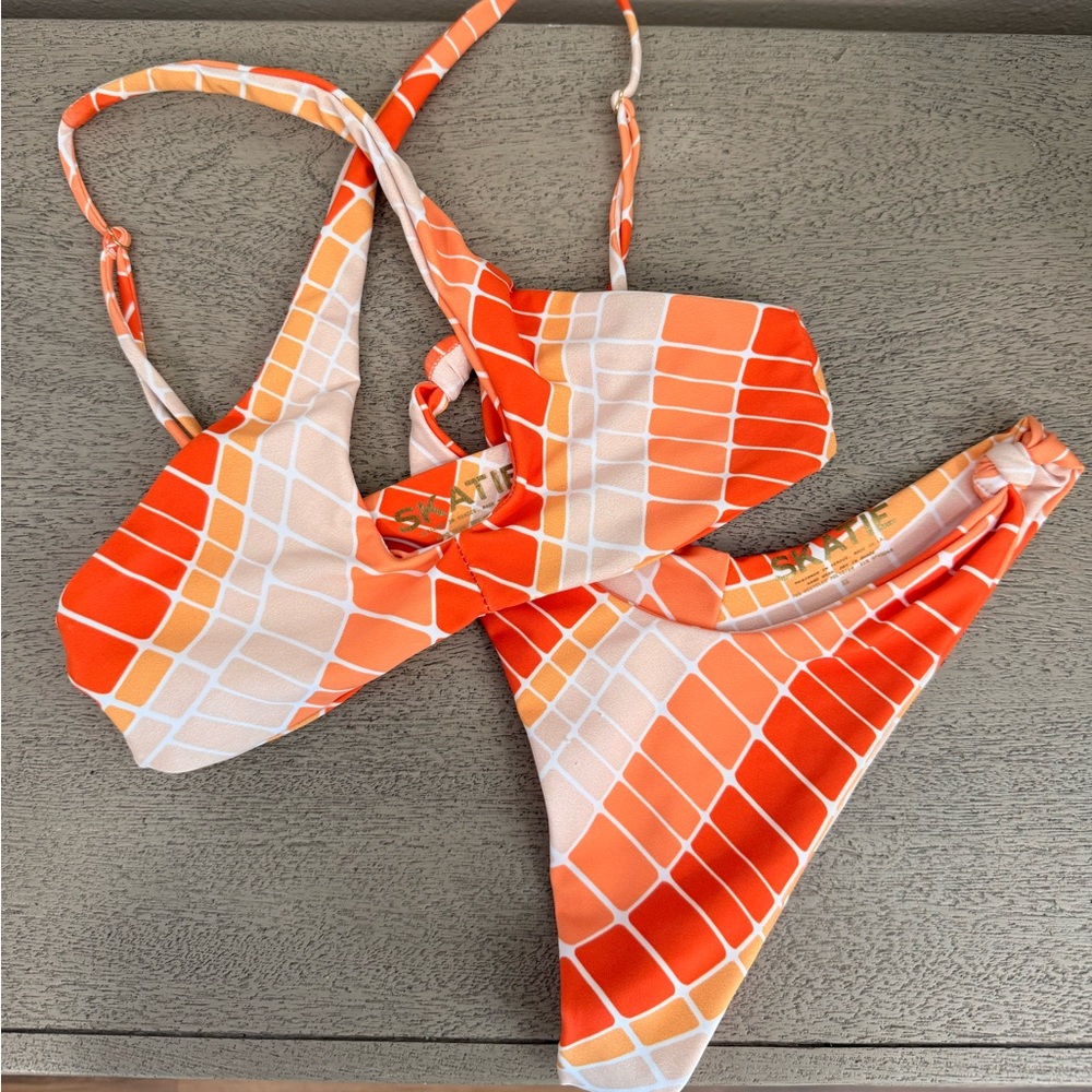 Skatie Orange and White Grid Print Bikini